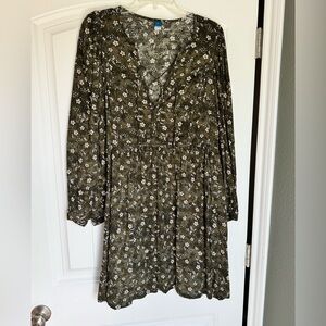 Old Navy Floral Dress Women’s XL Olive Green Long Sleeve V-Neck Boho Casual